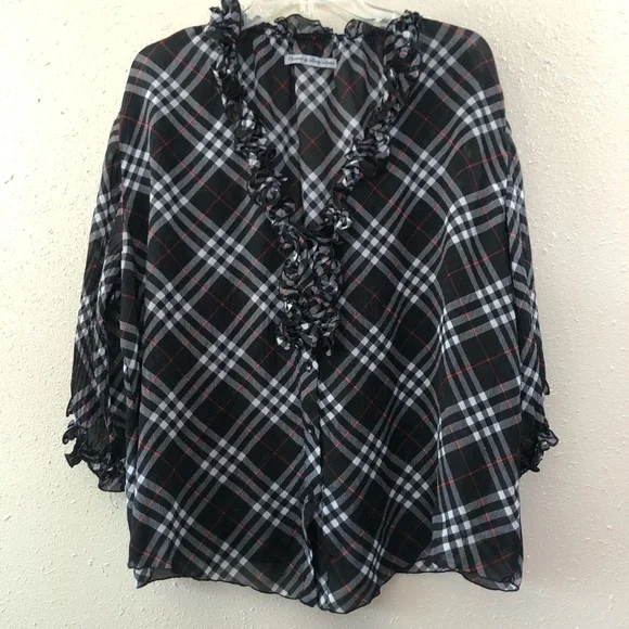 Signature by Larry Levine Black, Red & White Plaid - Ruffles at neckline Size L - Picture 5 of 10